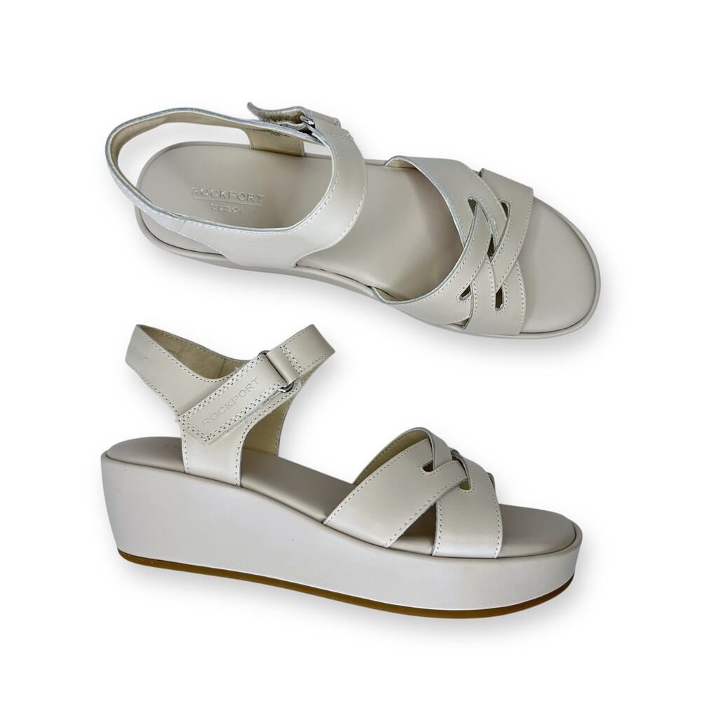 Rockport Women's New Amira Sandals Size 8.5 Ivory Wedge Platform Ankle Strap